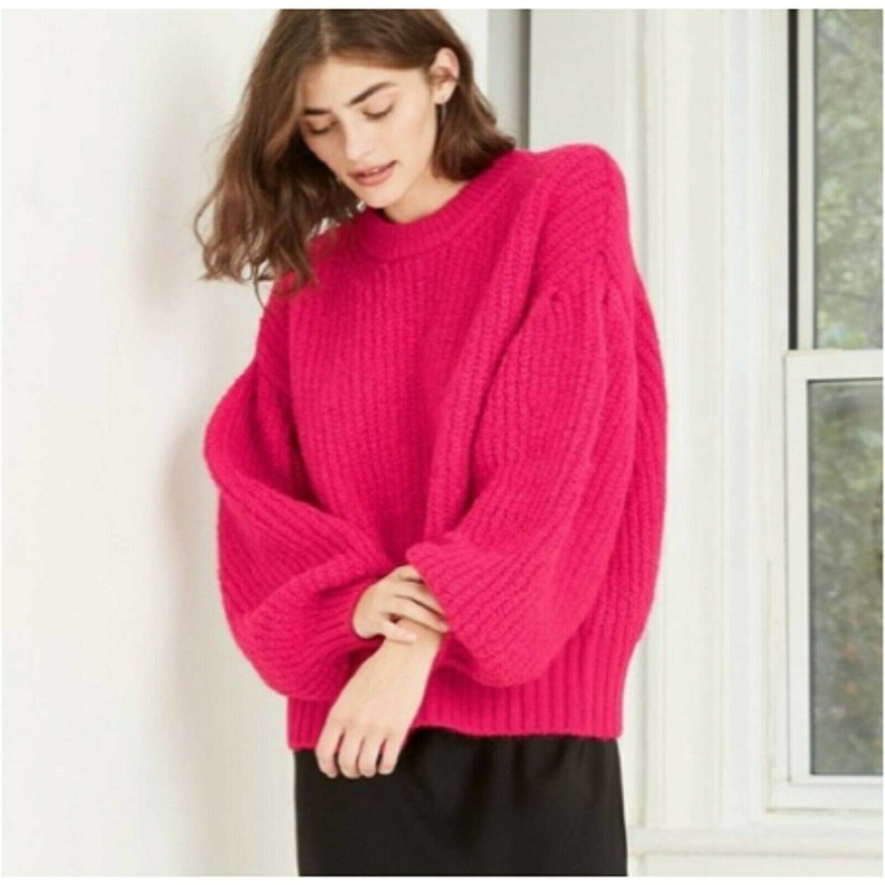 A New Day Pink Balloon Sleeve Boat Neck Pullover Sweater Size Medium